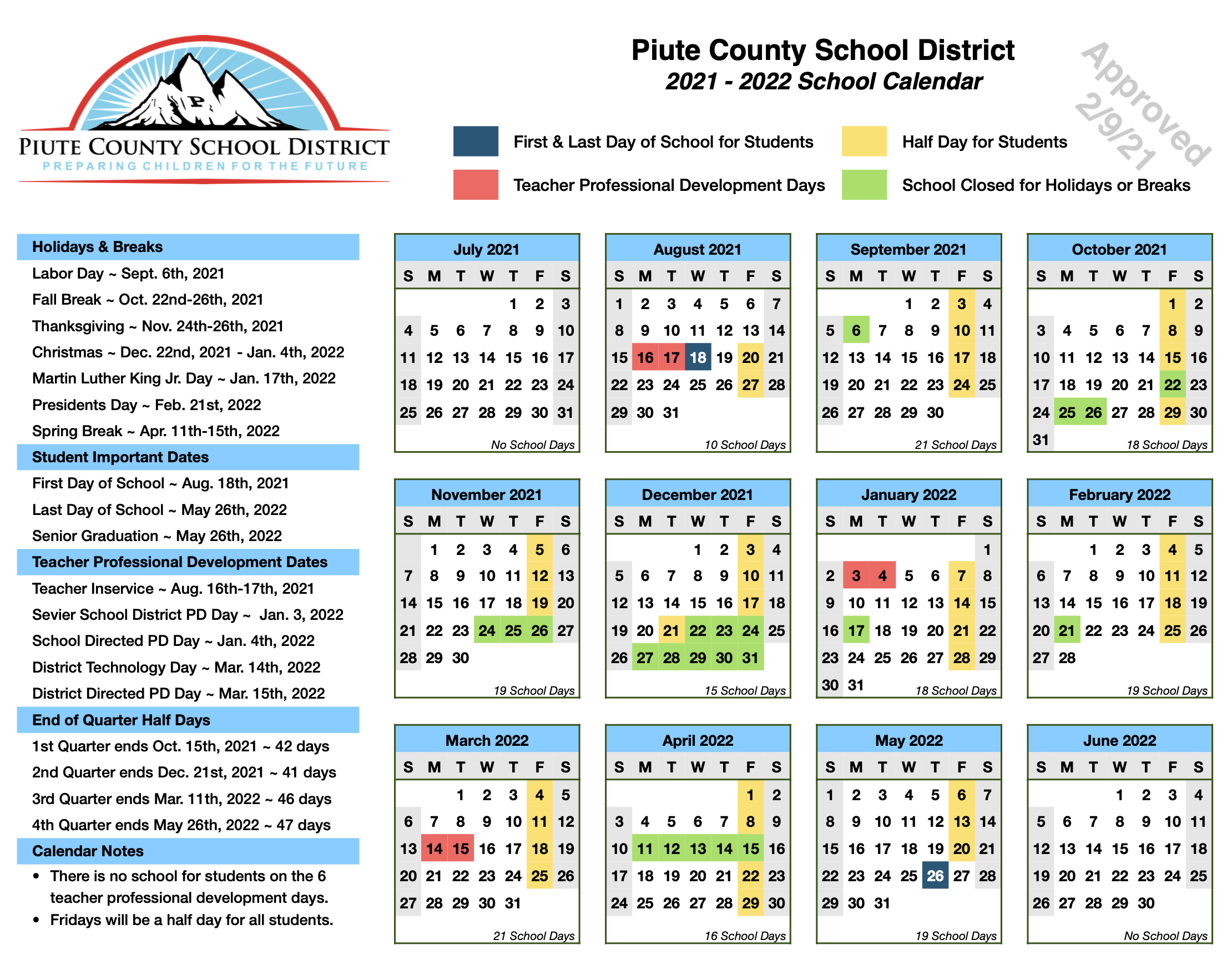 School District Calendars Piute County School District